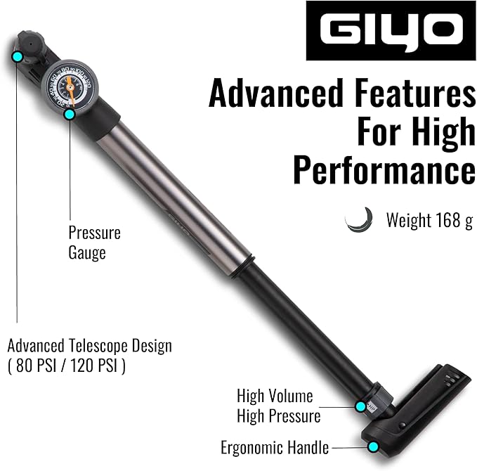 GIYO Mini Bike Pump with Gauge 2 Stage HP/HV 120 PSI Schrader & Presta Bike Tire Pump | Easy Inflation for Road & MTB | Frame Mount Included | Taiwan Made (GP-993)
