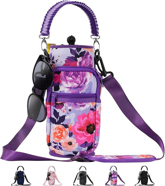 32/40/64/87/128 oz Water Bottle Carrier Bag, Neoprene Water Bottle Sleeve with 4 Pocket, Sport Water Holder with Paracord Handle and Shoulder Strap for Walking Hiking Camping Gym