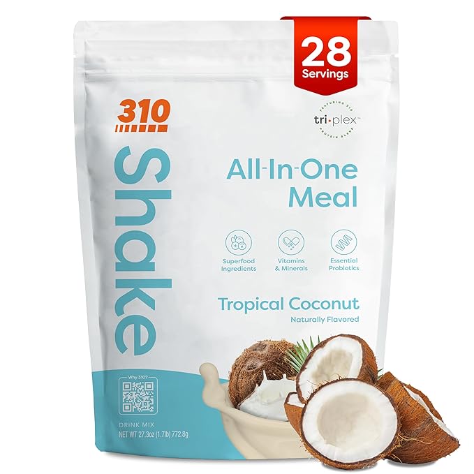 310 Nutrition All-In-One Meal Replacement Shake Powder - Plant-Based Protein Smoothie Blend w/High Fiber, Probiotics & Adaptogens - Low Carb, Vegan, Keto & Paleo Friendly - Tropical Coconut - 28 Srv