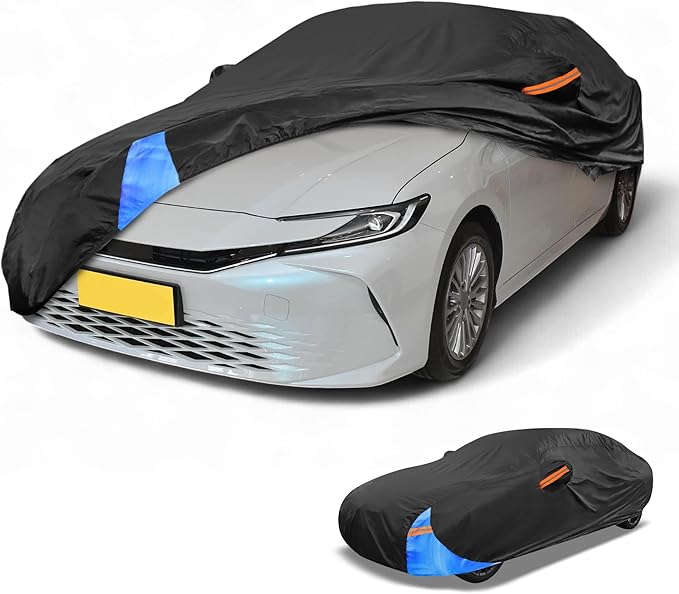 Waterproof All-Weather Universal Car Cover with Right Side Zipper, 190T Polyeste Black Blue Fits for Sedan 185" to 192" Length