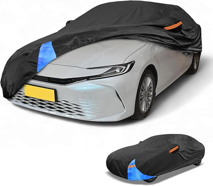 Waterproof All-Weather Universal Car Cover with Right Side Zipper, 190T Polyeste Black Blue Fits for Sedan 185" to 192" Length