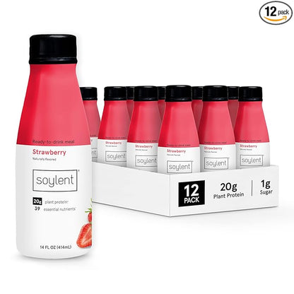 Soylent Strawberry Meal Replacement Shake, Ready-to-Drink Plant Based Protein Drink, Contains 20g Complete Vegan Protein and 1g Sugar, 14oz, 12 Pack
