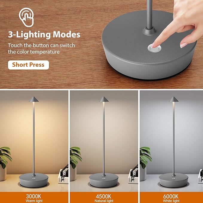 2Pack Rechargeable Cordless Table Lamp, Portable Powered LED Battery 6000mAh Metal USB Desk Lamp, 3 Levels Brightness Light for Restaurants Outdoor (2pack Gray)