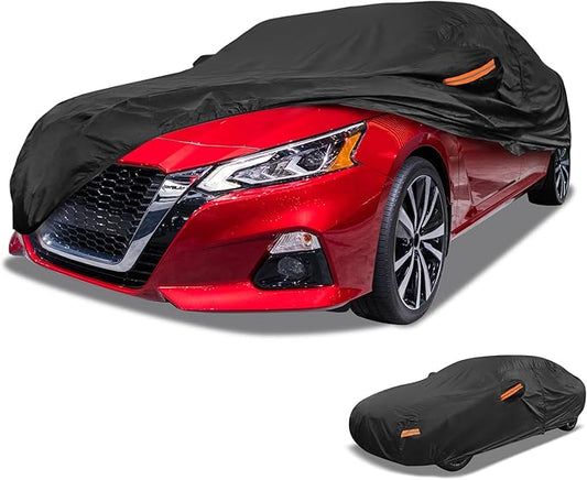 Universal Car Cover Waterproof All Weather 190T-PU, UV Sun Rain Protection, Fits for Sedan Length 199"-208", with Left Side Zipper, Black