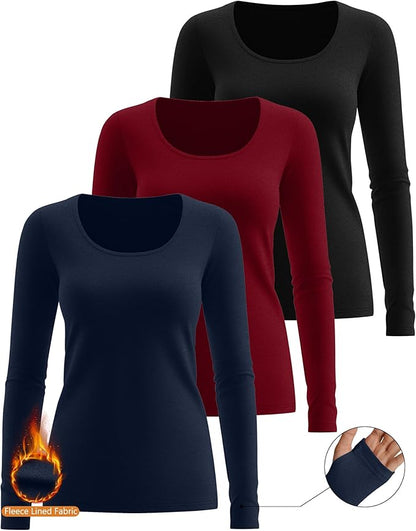 Riyiper 3 Pack Women's Thermal Long Sleeve Shirts, Fleece Scoop Neck Fitted Top Stretchy Thumb Holes Undershirt Baselayer Tee