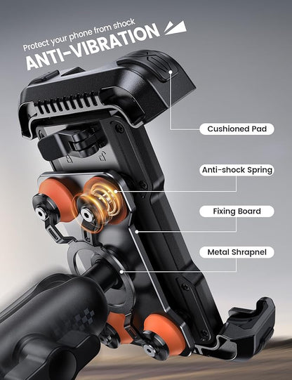 Aomiker Motorcycle Phone Holder Mount - [Metal Extension Arm] [Dual Vibration Dampener] Motorcycle Cell Phone Mount, Bike Phone Handlebar Clamp for iPhone 16 15 14 13 Pro Max Plus, 4.7-6.7" Smartphone