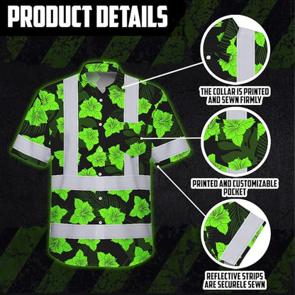 High Visibility Hawaiian Shirt for Men Tropical Shirts Custom Name Floral Outfit Reflective Safety Workwear