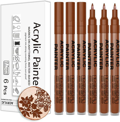 Acrylic Paint Pens Waterproof Markers 6 Brown Permanent Marker Pens Acrylic Pens for Rock Painting Glass Stone Ceramic Metal Fabric Pebble Painting pens Craft Supplies