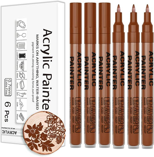 Acrylic Paint Pens Waterproof Markers 6 Brown Permanent Marker Pens Acrylic Pens for Rock Painting Glass Stone Ceramic Metal Fabric Pebble Painting pens Craft Supplies