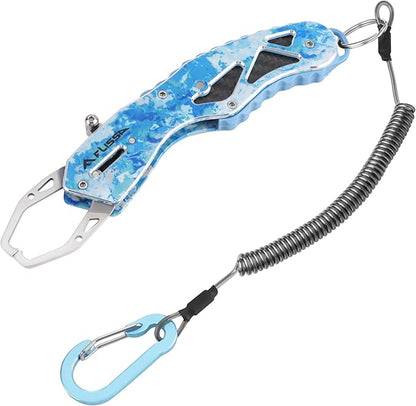FLISSA Fish Gripper, Fish Lip Grip Tool with Carabiner and Spring Anti-Lost Rope, Durable Stainless Steel Fish Grabber Gripper, Lightweight Holder for Fishing, Corrosion Resistant & Portable