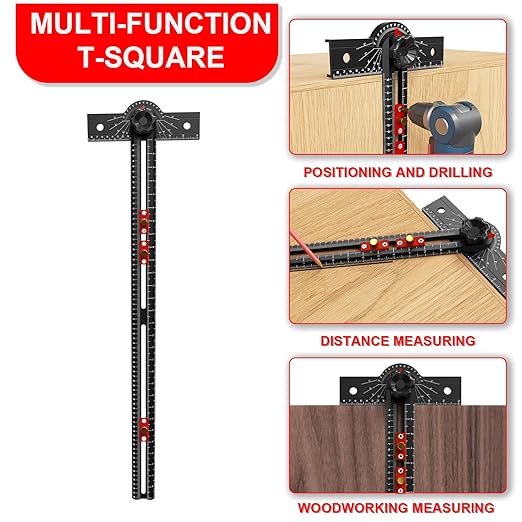 29 Inch Woodworking T Square Ruler, Aluminum Alloy, Adjustable Angle 15-165° Measurement Tool, Precision Drilling Positioning Guide for Carpentry, Drafting, Contractor, Scribe Crafting, Drywall
