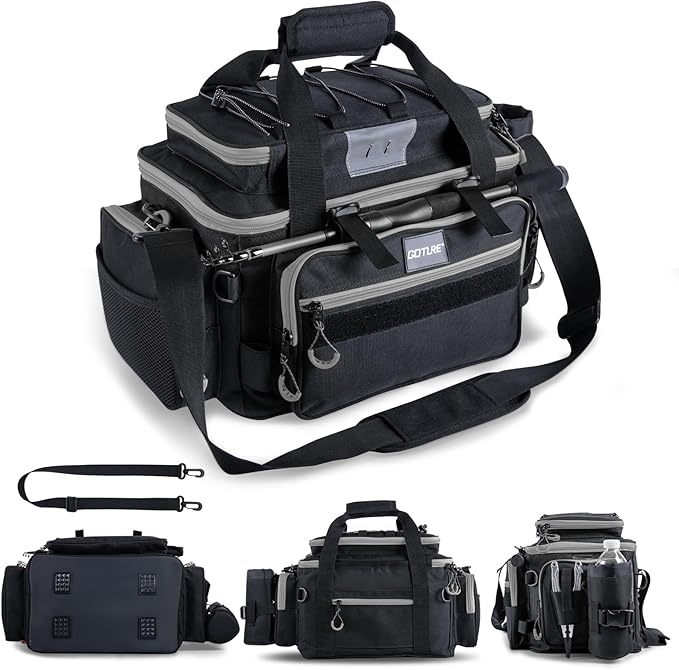 Goture Fishing Tackle Bag, Store Up to 4PCS 3700 Plus 2PCS 3600 Tackle Trays(Not Included), 600D Soft Side Gear Fishing Bag with Rod Straps,Detachable Water Bottle Pouch,Waterproof Bottom,SBS Zippers