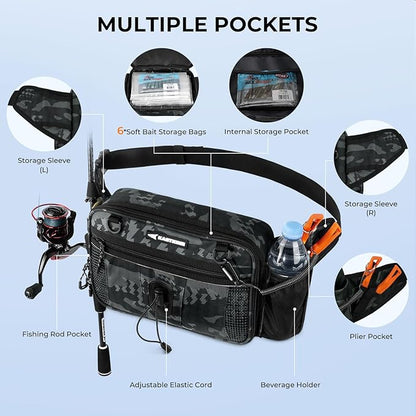 KastKing BaitSpace Waist Bag – Waterproof Tackle Storage Bag With Adjustable Belt, Fishing Fanny Pack for Men, Soft Bait Organizer, 3600 Utility Box, Rod Holder, Nylon
