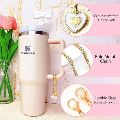 Bow for Stanley Straw Topper- 3pcs Cute Cup Bow Straw Cover Silicone Cap 10mm with 2pcs Initial Letter Charms Name Id Personalized Accessories 40/30 Oz Tumbler Water Bottle Cups White-H