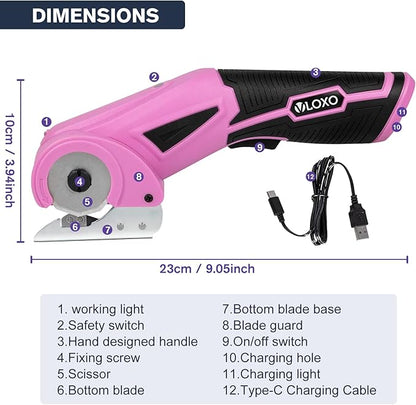 VLOXO Cordless Electric Scissors, Rechargeable Fabric Scissors with Safety Lock, 4.0V Rotary Cutter Multi-Cutting Tools, Cardboard Powerful Fabric Cutter for Carpet Leather Felt with Storage Box