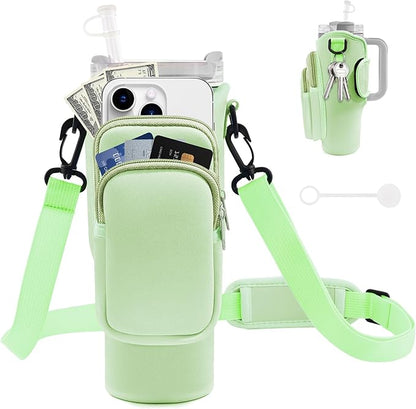 Water Bottle Carrier Bag with Phone Pocket for Stanley Cup 40/30 oz, Water Bottle Holder with Adjustable Strap& Straw Cover, Stanley Cup Accessories