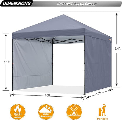 ABCCANOPY Easy Pop up Canopy Tent with 2 Sidewalls for Outdoor Sun Blocking or Rain Protection,10x10, Gray