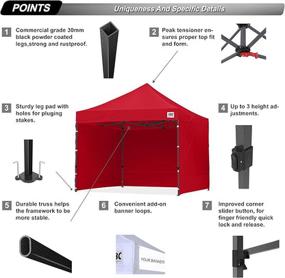 ABCCANOPY Heavy Duty Easy Pop up Canopy Tent with Sidewalls 10x10, Red
