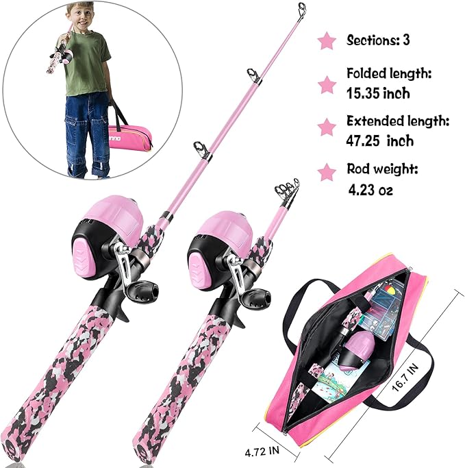 PLUSINNO Kids Fishing Pole with Spincast Reel Telescopic Fishing Rod Combo Full Kits for Boys, Girls, and Adults