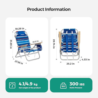 SUNNYFEEL Low Back Folding Beach Chair, Aluminum Heavy Duty Beach Chair with 3 Reclining Position, Portable Camping Chair for Adults with Wood Armrest, Lightweight Camping Chair 300lbs, Blue Stripe