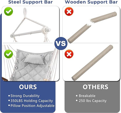 Hammock Chair Hanging Swing with Wooden Armrests;Steel Spreader Bar,Pillows,Hardware kit Included;Cotton Woven Fabric;Up to 350 Lbs,for Indoor Light Grey