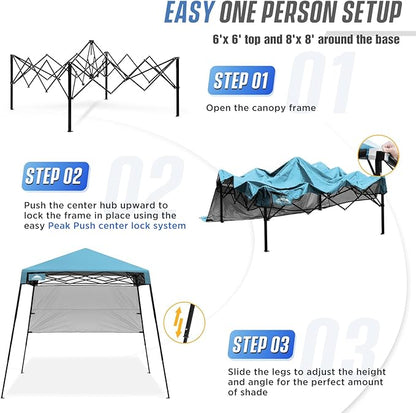 EAGLE PEAK 8x8 Pop Up Canopy Tent with Sidewall, Compact, Portable Slant Leg Instant Sun Shelter for Beach, Sports, & Camping, 8x8 Base 6x6 Top, Light Blue