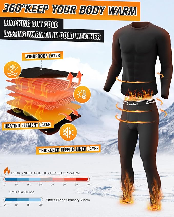 CL convallaria Long Johns Thermal Underwear for Men Soft Fleece Lined Base Layer Cold Weather Top Bottom Gift Set