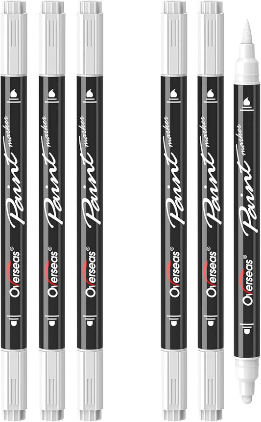 Overseas White Acrylic Paint Markers, 6 Pack Dual Tip Paint Pens Acrylic Markers - Dot and Brush Tip Coloring Marker for Wood, Rock, Canvas, Glass, Metal, Plastic, Rubber, Fabric, School Supplies