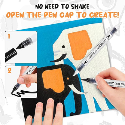 Black White Acrylic paint Markers Dual Tip Set, 6pcs Automatic Ink-Control Fine Tip and Brush Tip, Acrylic Paint Pen For Rock Painting, Metal, Glass, Wood, Fabric, Porcelain, Ceramic