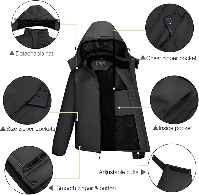 CAMELSPORTS Mens Winter Jacket Waterproof Warm Snow Ski Jackets Faux Fur Fleece Rain Coats with Removable Hood