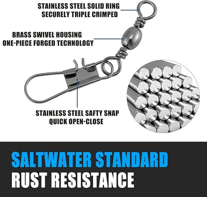 Dr.Fish 50 Pack Fishing Snap Swivels, Barrel Swivels Fishing Tackles, Stainless Steel Safty Interlock Snaps Leader Line Lure Connector Fresh&Saltwater 26-132Lb