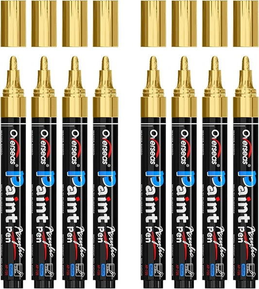 Overseas Gold Paint Pens Paint Markers - Permanent Acrylic Markers 8 Pack, Water-Based, Quick Dry, Waterproof Marker Pen for Rock, Wood, Plastic, Metal, Canvas, Glass, Fabric, Mugs. Medium Tip