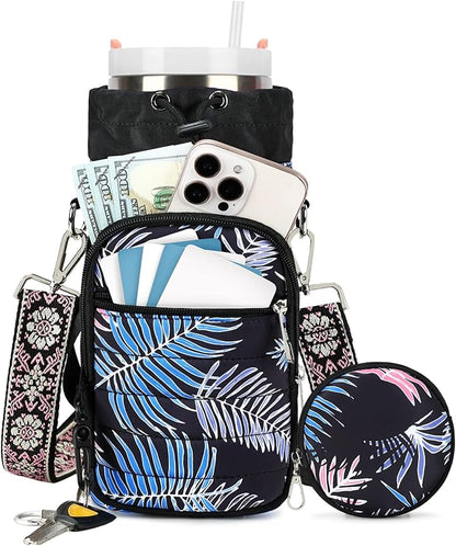 Water Bottle Carrier Bag with Strap, Sling Bag for Walking, Hiking, Cycling, Black, 40 Ounces