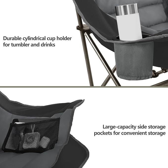 Oversized XL Padded Camping Chair Set of 2 Wide Heavy Duty Lawn Chairs Support 450 LBS Portable Folding Gaint Camp Chair for Outdoor Outside Sports Baseball Soccer-Black and Grey