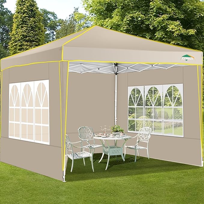 COBIZI 10x10 Pop Up Canopy with 4 Sidewalls, Easy up Canopy for Events, Sports, Beach, Party, Outdoor Party Canopies with 4 Weight Bags, Stakes x4, Ropes x4, Khaki