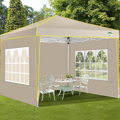 COBIZI 10x10 Pop Up Canopy with 4 Sidewalls, Easy up Canopy for Events, Sports, Beach, Party, Outdoor Party Canopies with 4 Weight Bags, Stakes x4, Ropes x4, Khaki