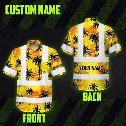 High Visibility Hawaiian Shirt for Men Tropical Shirts Custom Name Floral Outfit Reflective Safety Workwear
