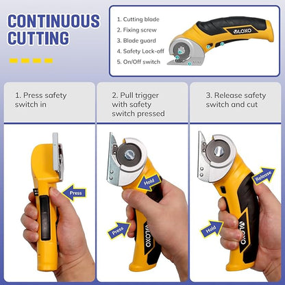 VLOXO Cordless Cardboard Cutter, Electric Scissors for Cardboard with Safety Lock, Power Rotary Scissors Multi-Cutting Tools, Rechargeable Box Cutter Electric for Carpet Leather (Yellow)