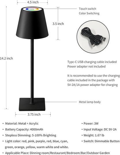 KDG 2 Pack Cordless Table Lamp, RGB Color Stepless Dimming Up, 4000mAh Battery Operated Portable LED Desk Lamp, for Dinning Room, Bedroom, Bar, Outdoor Garden, Camping, Night Light (Black)