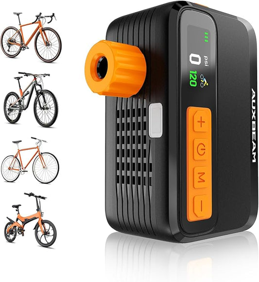 Auxbeam New Bike Pump with Gauge - 120 PSI High-Performance Electric Bike Pump, 1500mAh & Brushless Motor Pocket-Sized Monster, Ultra-Fast Portable Bicycle Pump for Road, MTB, City，E-Bike Tires