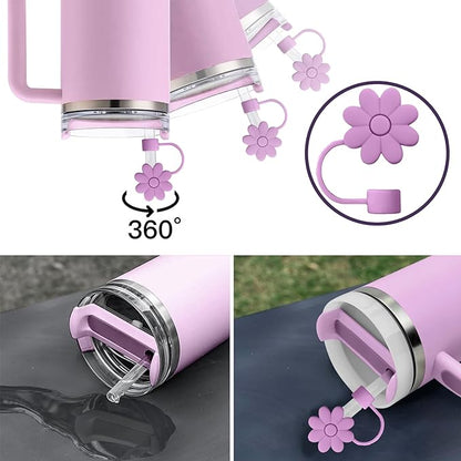 4PCS Silicone Straw Covers Toppers for Stanley Cups 30&40 Oz Tumbler Accessories Flower Straw Caps Purple Red Dust-Proof Reusable Straws Tips Protectors for Stanley Cup 10mm 0.4in Straws