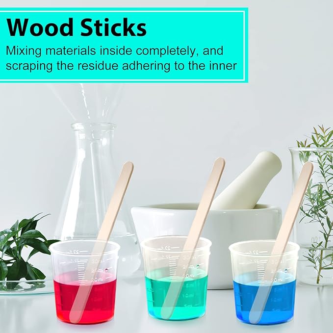 100 Pack 30ml/1oz Transparent Measuring Cups Reusable Clear Plastic Graduated Epoxy Mixing Cups with 100 Pack Wooden Stirring Sticks for Liquids Resin, Epoxy, Stain, Mixing Paint, School Labs