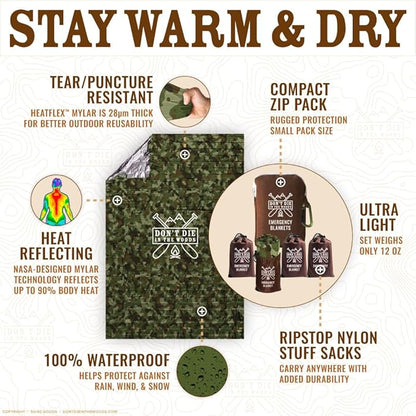 Don't Die In The Woods - Extra Thick Emergency Blankets [4-Pack] World’s Toughest Thermal Mylar Space Blanket | Outdoor Survival Gear for Hiking Camping First Aid Kit (Camo)