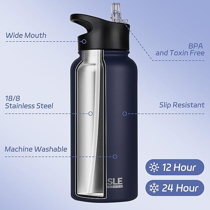 HASLE OUTFITTERS 32 oz Insulated Water Bottle Stainless Steel Double Walled Vacuum Sports Water Bottle with 2 Lids (Straw and Spout Lid) for Gym Camping Hiking(Navy,4)