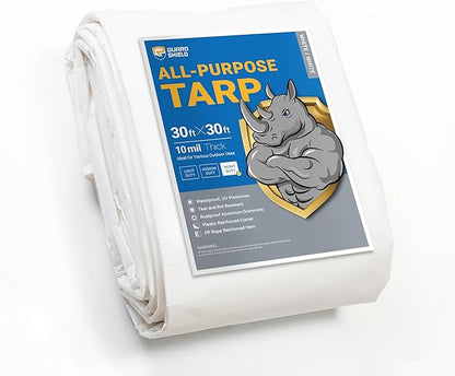 GUARD SHIELD Heavy Duty Tarp 30x30 Feet White Multi Purpose Thick Waterproof Poly Tarp Cover 10mil