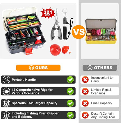 3 Layers Tackle Box with Tackle Included, 321Pcs Fishing Lures Kit Contains Pliers, Crankbait, Hooks, Weights & Accessories, Fishing Gear Bait Lure Gifts for Men Bass Freshwater (White Black)