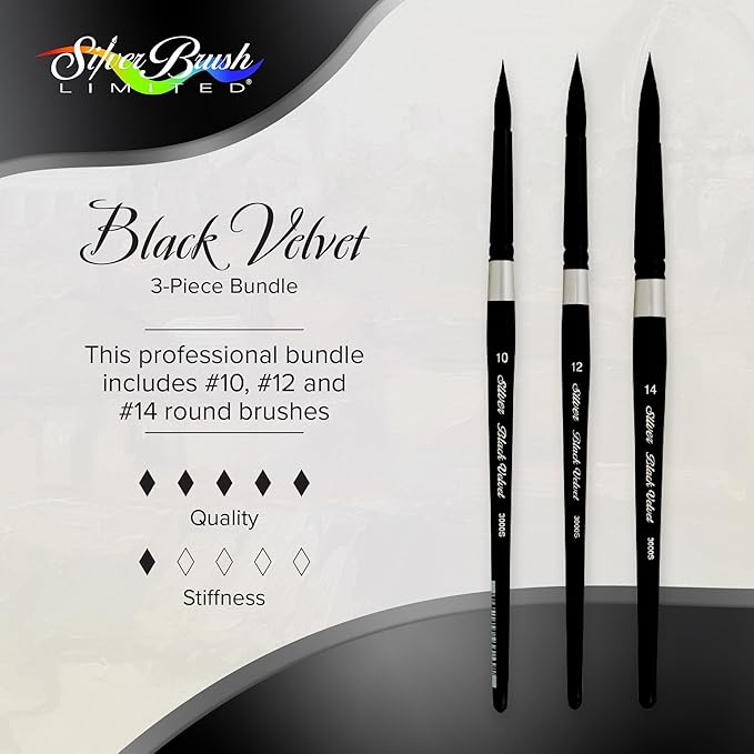 Silver Brush Limited BV-3056S Black Velvet Short Handle Large Round Brushes, Mixed Filament with Very Soft Tips, 3pc Professional Artist Painting Bundle for Watercolors, Gouache, Dyes & Silk Painting