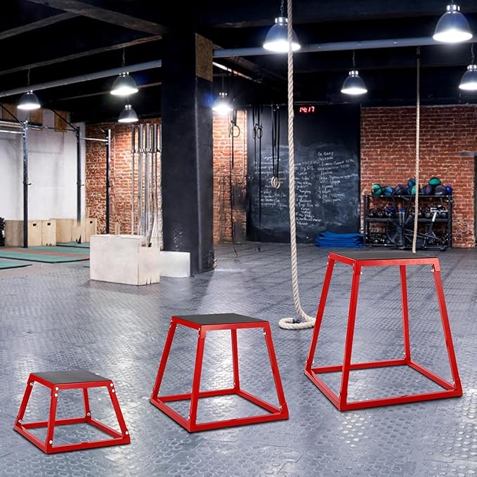 Plyometric Jump Box,Heavy Duty Steel Jumping Box with Rubber Pad,Step Up Box Set(12 18 24 Inch),550lbs Capacity,Deadlift Platform for Strength Training Conditioning Step Up Workouts Men Women Red