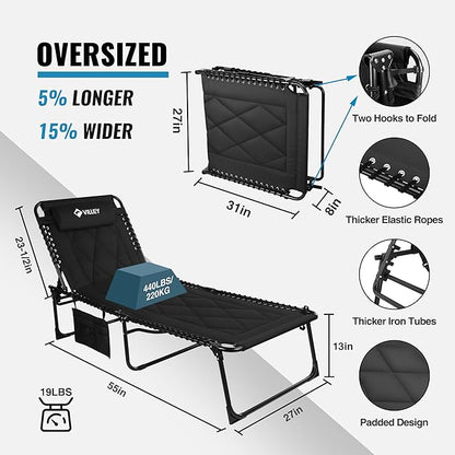 VILLEY Oversized Padded Chaise Lounge with Cushion, Foldable Camping Cot, Patio Reclining Lounge Chairs, Folding Sleeping Bed for Outdoor, Indoor, Backyard, Garden, Camping, Relaxing, Beach Tanning
