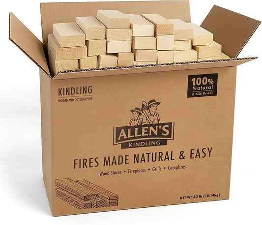 Allen's Natural Kindling Wood – 40 LB Box of Kiln-Dried Fire Starter Sticks for Campfires, Wood Stoves & BBQ – Easy to Light Fire Pit – Clean Burn Fire Starter Logs – No Chemicals or Odors